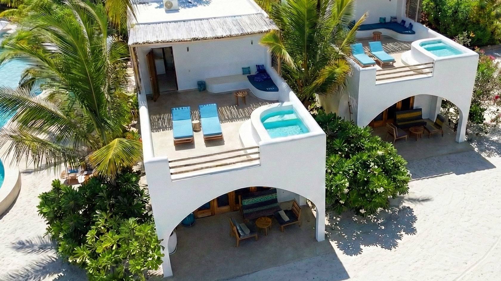 Beachfront villas on the white sand of Bwejuu, Zanzibar